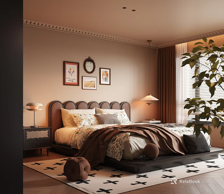 Cozy Bedroom Interior With Beige Walls Framed Artworks Bedside Lamps And Large Plant 3d model 