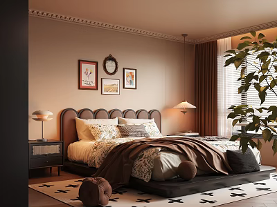 Cozy Bedroom Interior With Beige Walls Framed Artworks Bedside Lamps And Large Plant 3d model