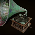 Vintage Gramophone With Colorful Decorative Horn And Wooden Carved Base Design