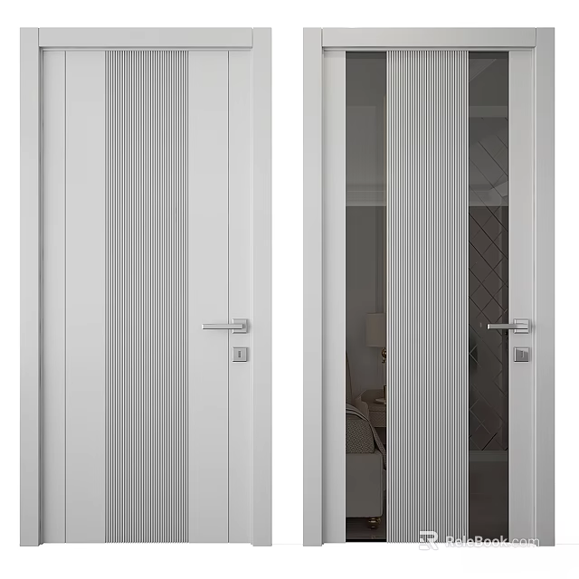 White Hinged Doors With Vertical Stripes And Glass Panel For Modern Interior 3d model 