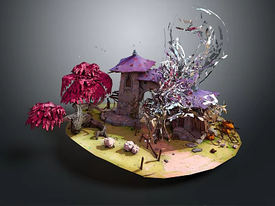 Cartoon Scenic Island Scene With Purple Roof Cottage Pink Trees And Silver Crystal Structures 3d model
