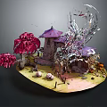 Cartoon Scenic Island Scene With Purple Roof Cottage Pink Trees And Silver Crystal Structures