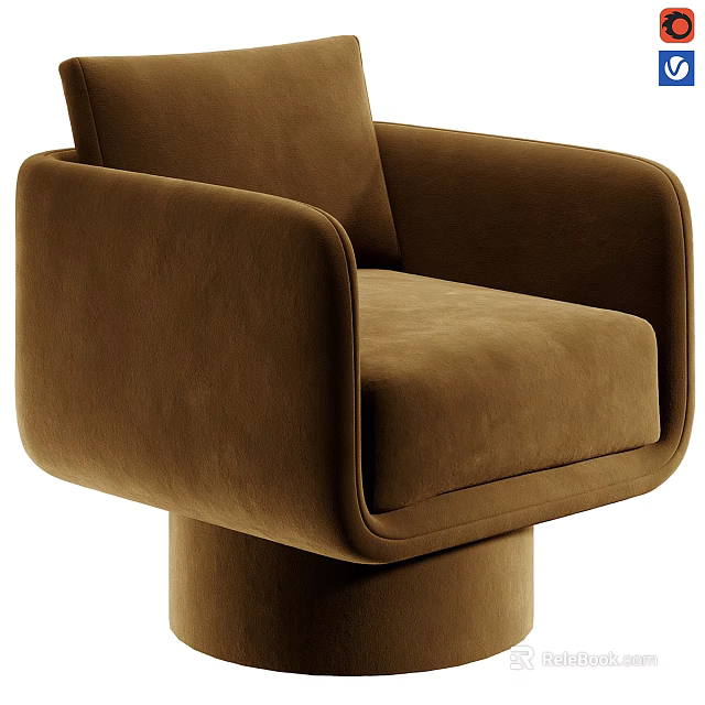 Brown Velvet Single Sofa With Rounded Armrests Plush Seat And Cylindrical Base 3d model 