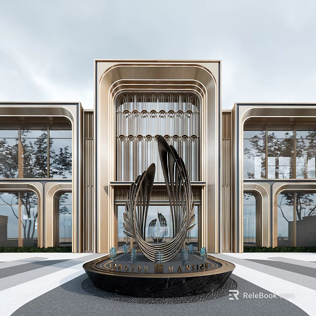 Modern Luxurious Sales Center Building With Metal Frame Glass Curtain Wall And Entrance Sculpture 3d model 