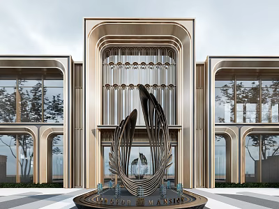 Modern Luxurious Sales Center Building With Metal Frame Glass Curtain Wall And Entrance Sculpture 3d model