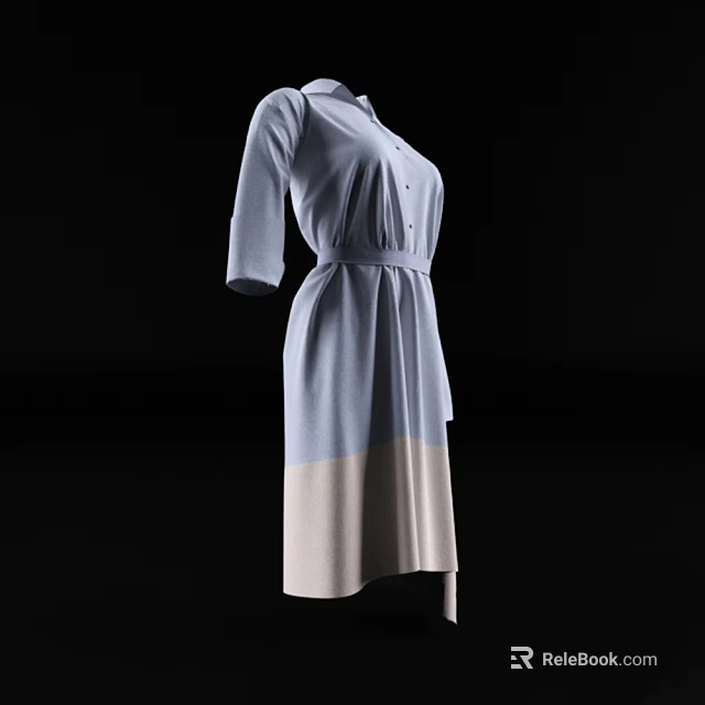 Elegant Light Blue Beige Color Block Dress With Collar Button Belt And Three Quarter Sleeves 3d model 