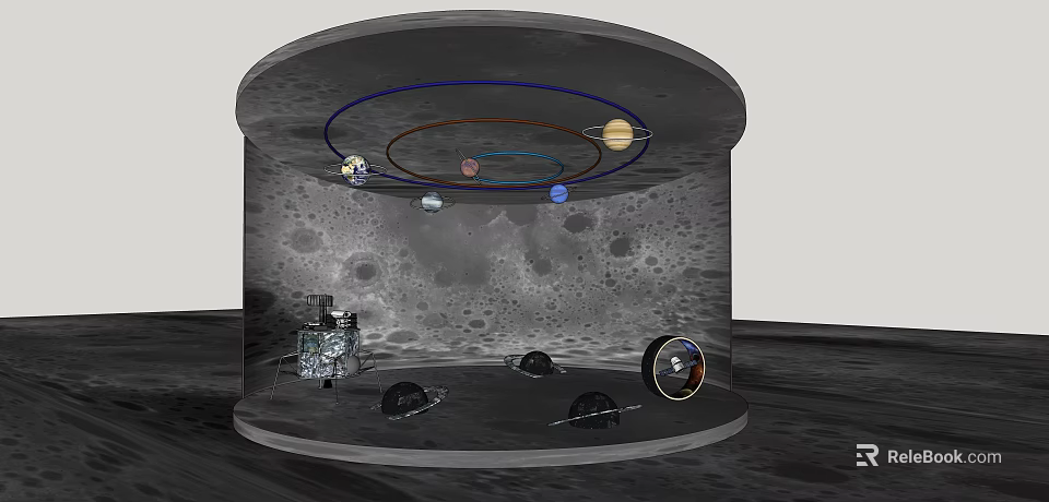 Solar System Model Display With Planets Orbits Moon Surface And Spacecraft 3d model 