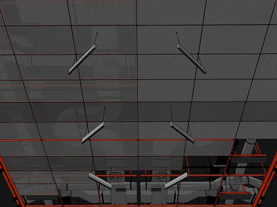 Industrial Building Interior With Ceiling Mounted Metal Pipes And Supports 3d model