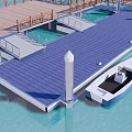Wooden Dock Design With Railings Pillars Small Boat And People Over Blue Water