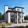 Modern Detached Villa Exterior With Large Windows Green Lawn Family Activity And Car