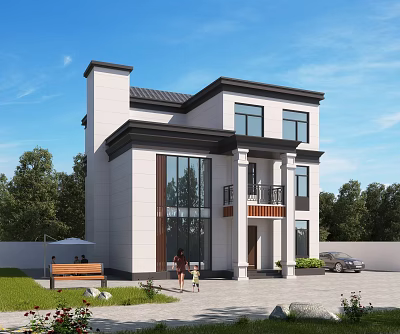 Modern Detached Villa Exterior With Large Windows Green Lawn Family Activity And Car 3d model