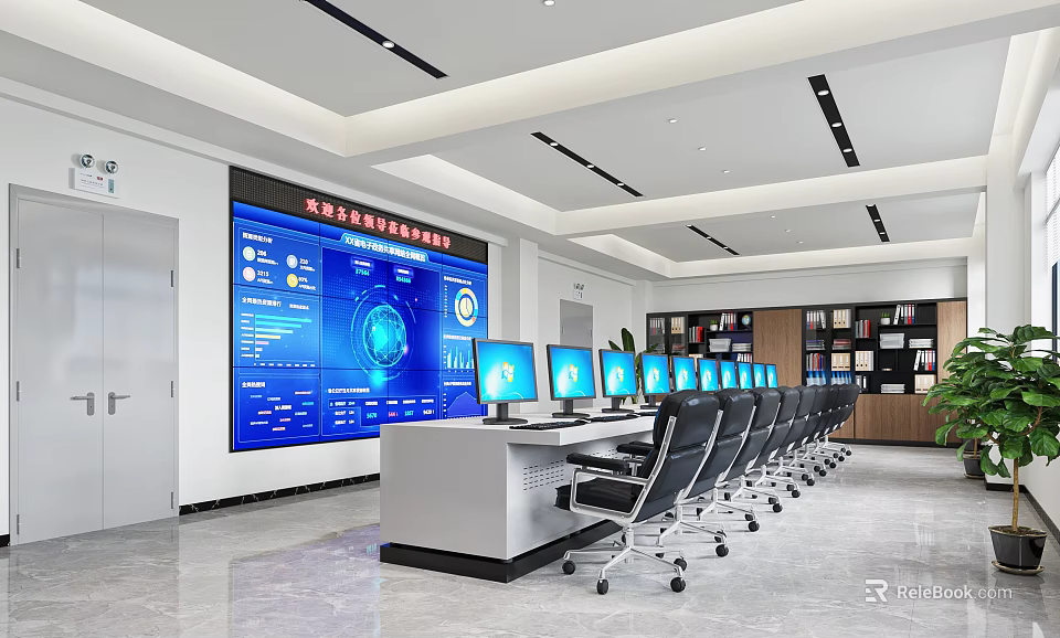 Modern Control Room Setup With Large Digital Screen Multiple Monitors And Ergonomic Chairs 3d model