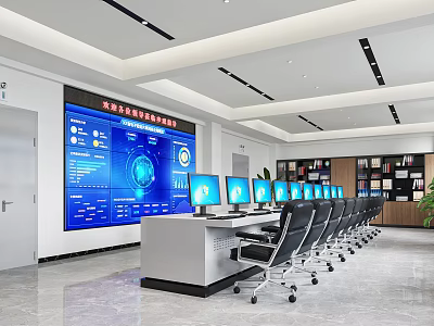 Modern Control Room Setup With Large Digital Screen Multiple Monitors And Ergonomic Chairs 3d model