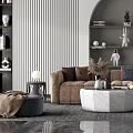 Elegant Modern Sofa And Coffee Table Set With Arched Shelf Decorative Vases And Neutral Tones