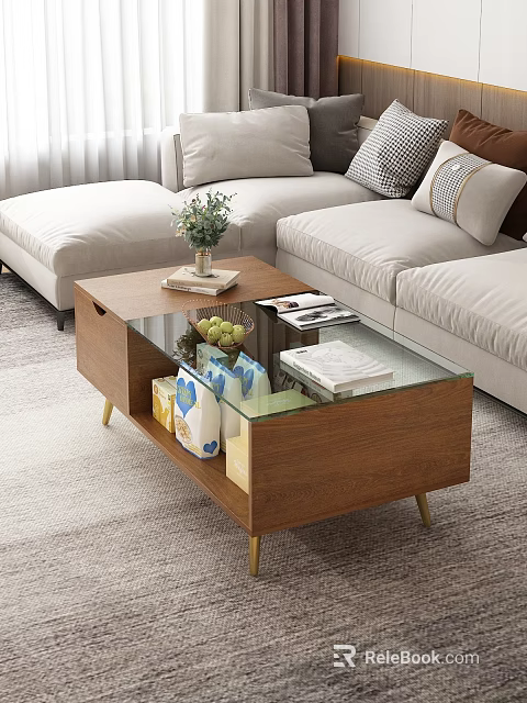 Modern Wooden Coffee Table With Glass Top And Storage Space Near Sofa 3d model 