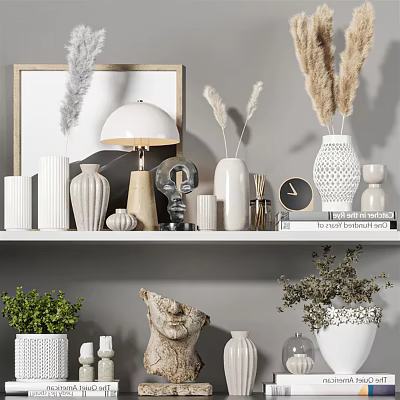 Minimalist Decorative Ornament Combination with Various Vases Table Lamp Sculpture and Plants on Shelf 3d model