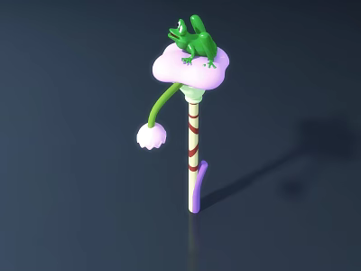 Green Frog Sitting On Pink Cloud With Red And White Striped Pole And White Flower 3d model