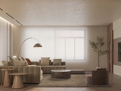 Modern Living Dining Room With Beige Sofa Round Coffee Table Floor Lamp And Potted Plant 3d model