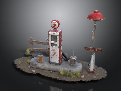 Vintage Gas Station Scene With Retro Pump Red Street Lamp And Wooden Fence 3d model