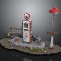Vintage Gas Station Scene With Retro Pump Red Street Lamp And Wooden Fence