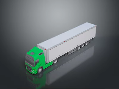 Green Cab White Trailer Large Commercial Truck With Reflective Surface 3d model