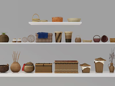 Woven Storage Baskets In Various Styles For Home Organization On Shelves 3d model