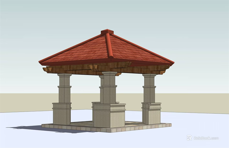 Traditional Pavilion Structure With Red Tiled Roof And Stone Pillars 3d model 
