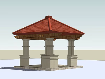 Traditional Pavilion Structure With Red Tiled Roof And Stone Pillars 3d model