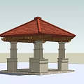 Traditional Pavilion Structure With Red Tiled Roof And Stone Pillars