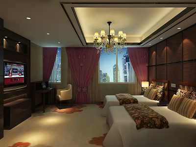 Elegant Hotel Guest Room With Twin Beds Crystal Chandelier Red Curtains City View TV Desk 3d model