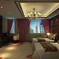 Elegant Hotel Guest Room With Twin Beds Crystal Chandelier Red Curtains City View TV Desk