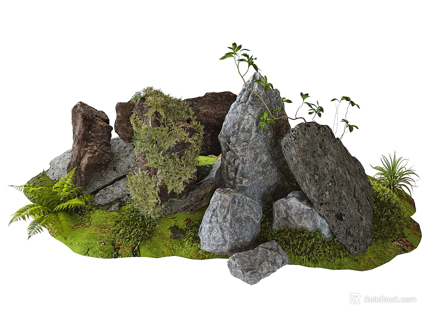Lush Natural Rock Scene With Mossy Stones Green Grass And Small Ferns 3d model 
