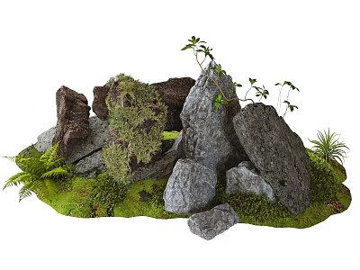 Lush Natural Rock Scene With Mossy Stones Green Grass And Small Ferns 3d model