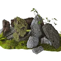 Lush Natural Rock Scene With Mossy Stones Green Grass And Small Ferns