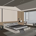 Modern Bedroom Interior With White Bed Gray Pillows Wooden Walls And Floor To Ceiling Windows