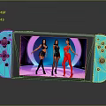 Blue Handheld Game Console Screen Showing Three Women Dancing On Stage With Colored Lights