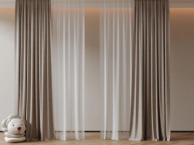 Modern Layered Curtains Brown Drapes With White Sheer Panels For Living Room Interior 3d model