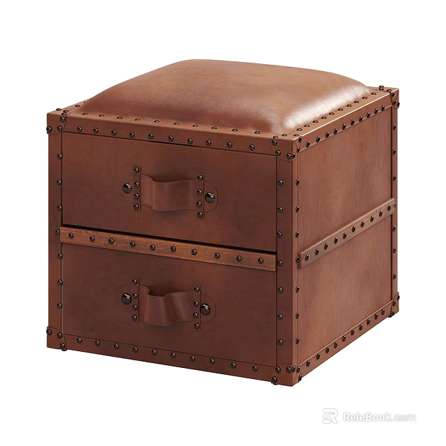 Brown Leather Square Stool With Two Drawers And Decorative Rivet Detailing 3d model 
