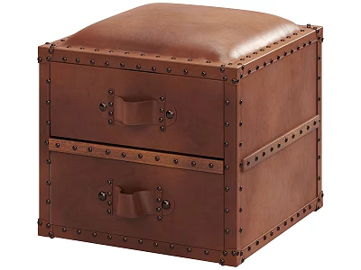 Brown Leather Square Stool With Two Drawers And Decorative Rivet Detailing 3d model
