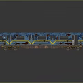 Blue Train Model With Yellow Stripes And Vintage Design On Reflective Surface
