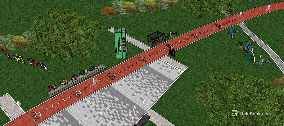 Eco Friendly Road Infrastructure With Red Bicycle Lane Pedestrian Path And Green Trees 3d model 
