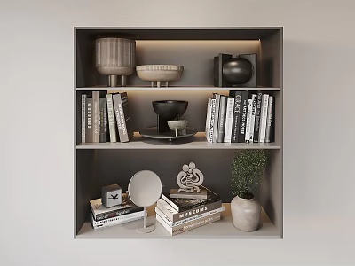 Modern Decorative Ornament Set with Books Sculpture Vase and Potted Plant on Shelf 3d model