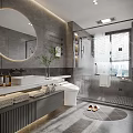 Modern Bathroom Interior With Round Mirror White Vanity Glass Shower And Gray Tiles