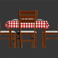 Wooden Dining Table With Four Chairs And Red White Checkered Tablecloth With White Plates