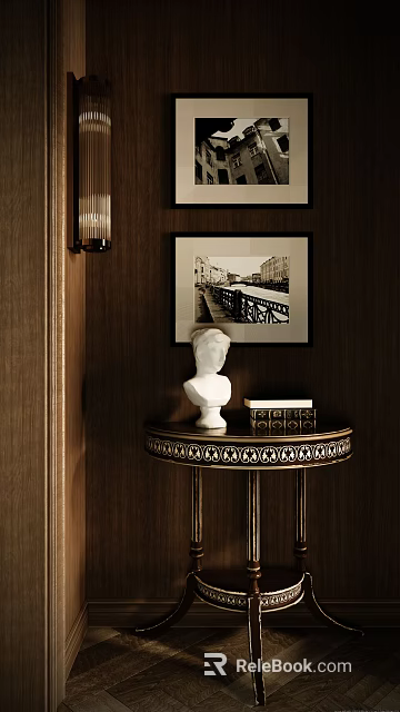 Ornate Side Table With White Bust Sculpture Some Books Black White Painting And Wall Lamp 3d model 