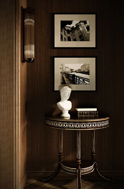 Ornate Side Table With White Bust Sculpture Some Books Black White Painting And Wall Lamp 3d model