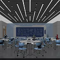 Modern School Classroom With White Tables Blue Chairs And Robot Models 3d model