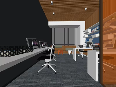 Modern Public Office Space With Desks Chairs Computers And Bookshelves 3d model