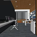 Modern Public Office Space With Desks Chairs Computers And Bookshelves