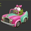 Green Cartoon Character With Pink Bow Riding In Colorful Convertible Toy Car